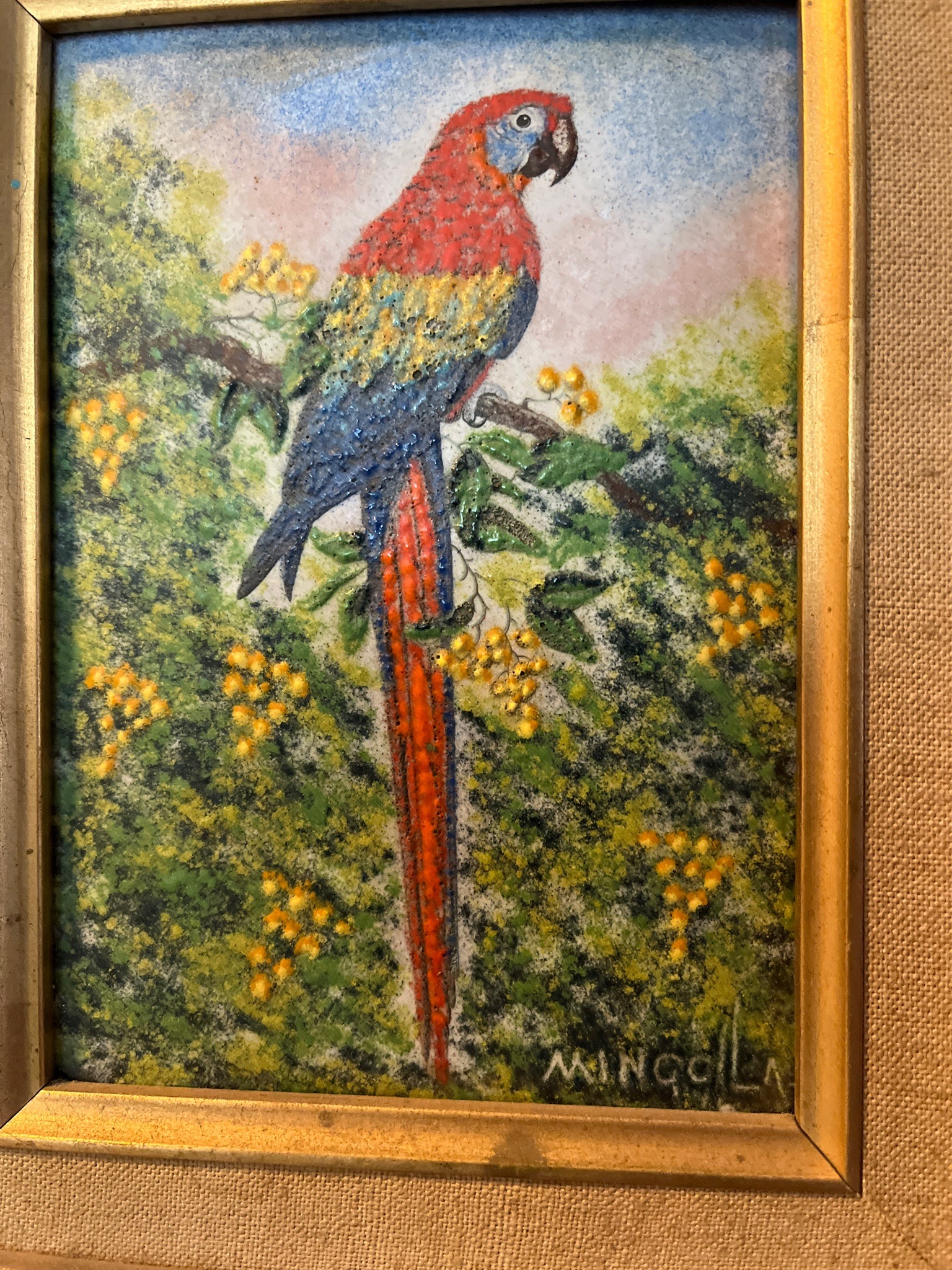 Framed Vitreous Enamel on Copper Miniature Painting by Mingolla