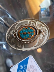 Oval Western/Southwestern Style Belt Buckle with Turquoise and Spiny Oyster Inlay