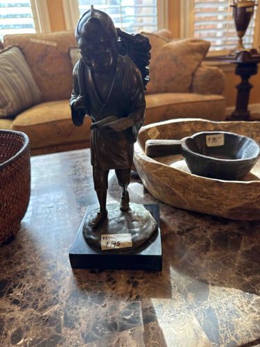 Bronze Figure of a Japanese Peasant or Farmer Carrying a Load