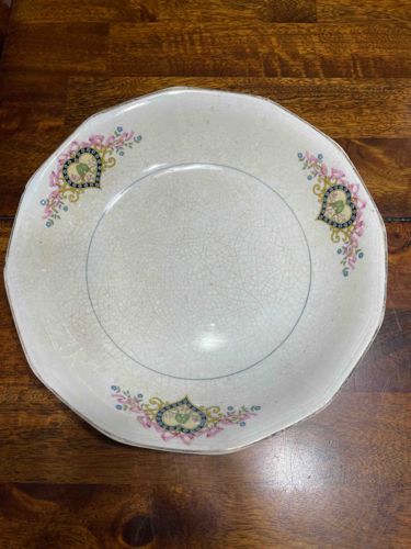 Vintage Octagonal Earthenware Plate with Heart and Bow Decal Pattern