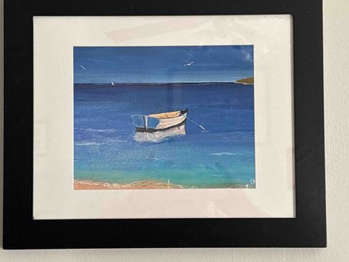 Framed Art Print: Rowboat on Calm Waters by Mary Chesney