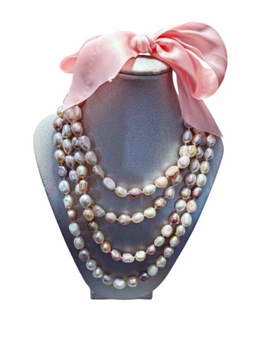Multi-Strand Cultured Freshwater Potato Pearl Necklace with Silk Ribbon Accent