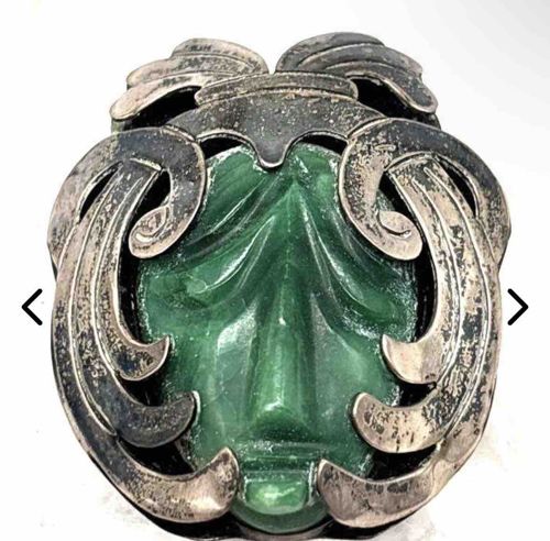 Art Deco Green Stone and Sterling Silver Mask Brooch/Pendant