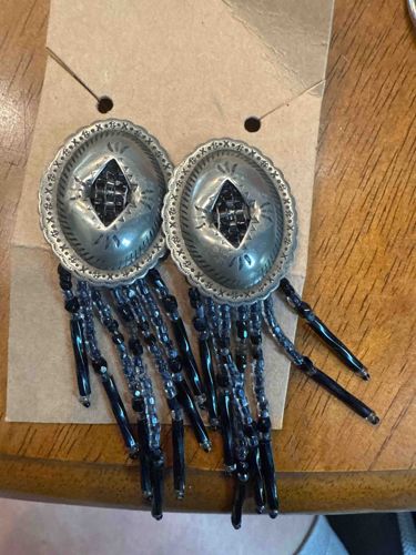 Concho Style Dangle Earrings with Black and Grey Beadwork