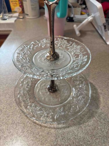 Two-Tiered Pressed Glass Dessert Stand with Silver-Toned Standard