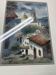 Watercolor Painting of Coastal Townscape with Church by C. Antonio Diaz, 1978