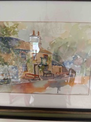 Watercolor Painting of a Pub Scene by R. Barnett