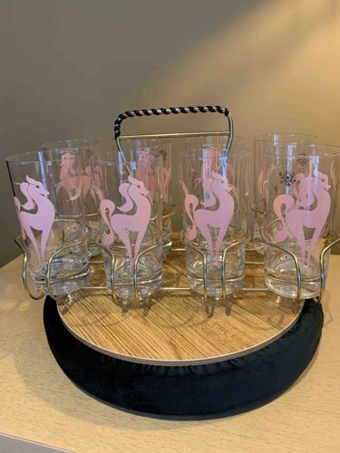 Vintage Pink Unicorn Glass Tumbler Set with Caddy