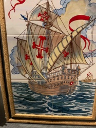 Framed Hand-Painted Ceramic Tile Panel of a Caravel or Galleon