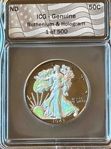 1943 Walking Liberty Half Dollar, Ruthenium & Hologram Enhanced (ICG Graded)