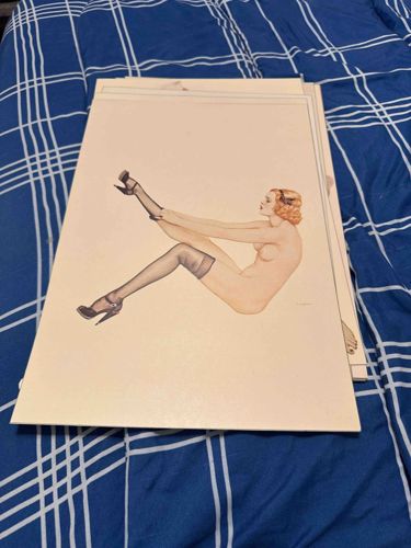 Pin-up Art Print of Seated Nude Figure with Stocking
