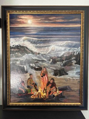 Seascape Oil Painting with Coastal Bonfire Figures