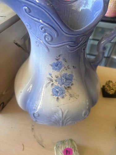 Antique Blue and White Ombre Ceramic Pitcher with Rose Decal