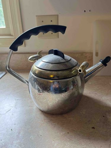 Modern Stainless Steel and Brass Whistling Teakettle