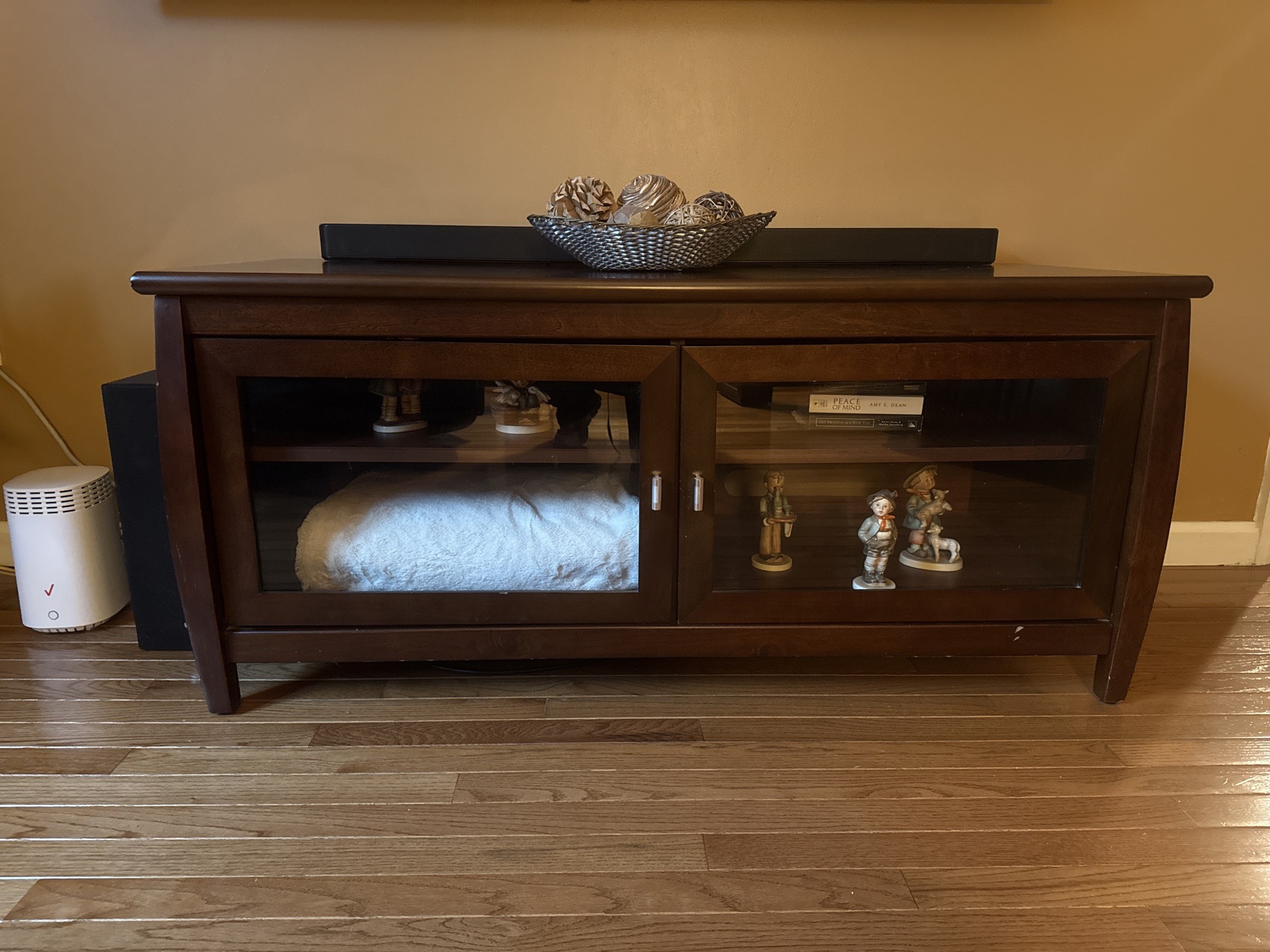Submitted photo of Hardwood media console table with glass doors