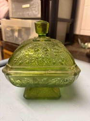 Vintage Green Pressed Glass Covered Candy Dish