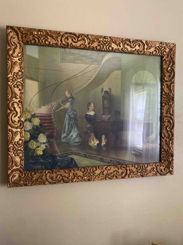 Victorian Era Interior Scene Print in Ornate Gilt Frame