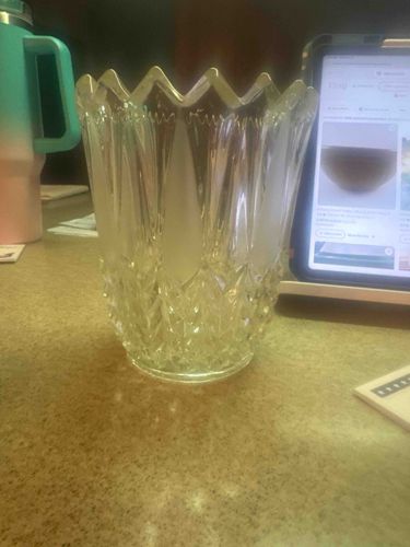 Cut Glass Vase / Planter with Frosted Panels and Scalloped Rim