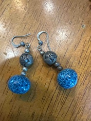 Silver-Toned and Blue Mottled Bead Drop Earrings