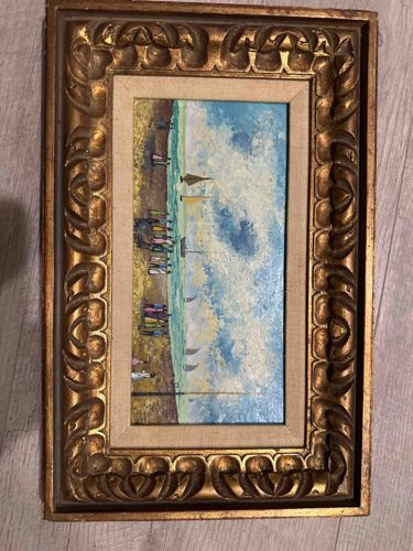 Framed Impressionistic Beach Scene Oil Painting