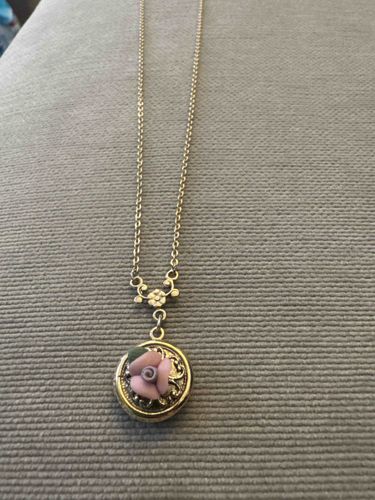 Vintage Gold-Tone Locket Pendant Necklace with Porcelain Rose