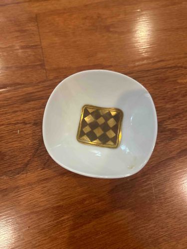 White Ceramic Trinket Dish with Checkerboard Brass Insert