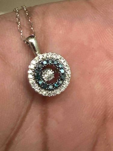 White and Blue Diamond Halo Pendant Necklace