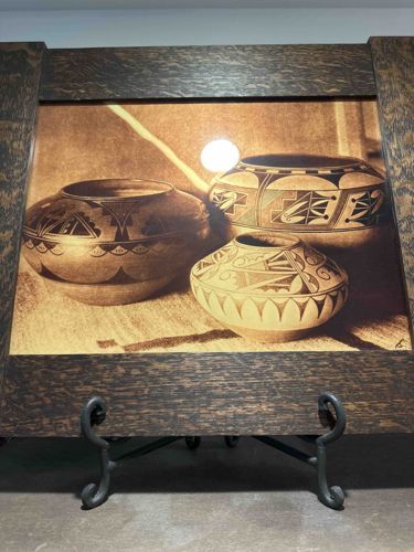 Framed Sepia-Toned Print of Native American Pottery on Easel