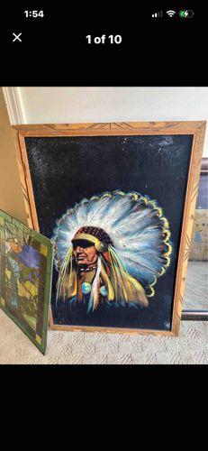 Vintage Black Velvet Painting of a Native American Chief