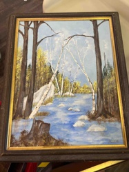 Framed Original Landscape Painting: Forest and River Scene (Signed, 1981)