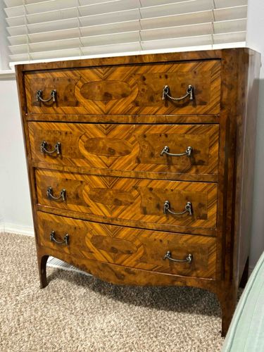 Antique Bombe Commode or Chest of Drawers with Marquetry and Marble Top