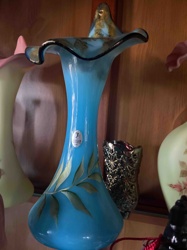 Fenton Art Glass Blue Opalescent Ruffled Vase with Hand-Painted Gilt Decoration