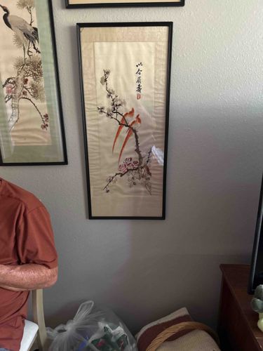 Framed Asian Silk Painting of Birds and Plum Blossoms