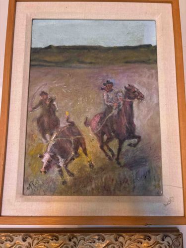 Western Ranching Scene Painting: Two Cowboys Roping a Steer