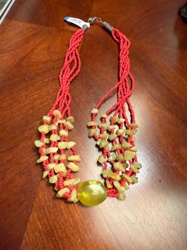 Multi-Strand Red Seed Bead and Yellow Stone Chip Necklace with Cabochon Pendant