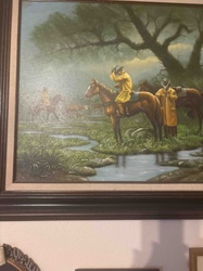 Painting of Horsemen in Yellow Raincoats by a Stream