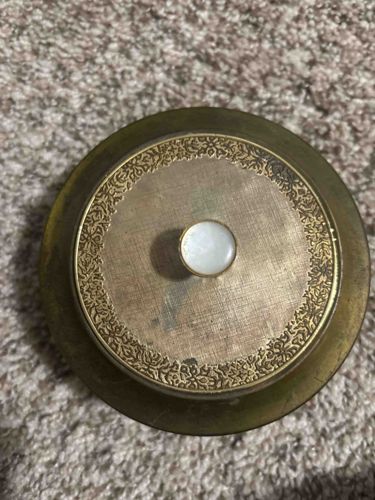 Vintage Brass-Toned Music Box Lid with Mother-of-Pearl Knob