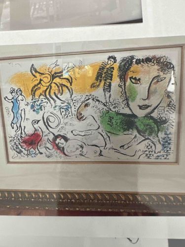 Marc Chagall Style Lithograph or Print - Whimsical Composition with Figures and Animals
