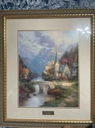 Autumnal Landscape Chapel by a River Framed Print (Likely Thomas Kinkade)