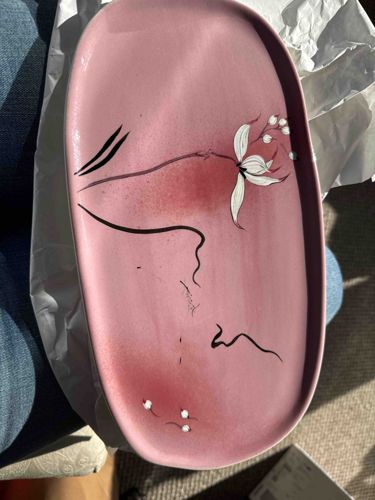 Mid-Century Modern Hand-Painted Pink Ceramic Oblong Platter