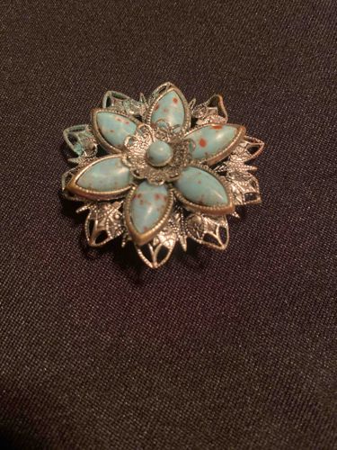 Vintage Floral Brooch with Turquoise-Colored Cabochons