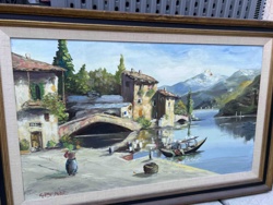 Framed Oil Painting by G. Penni: European Lake/River Landscape with Bridge and Mountain Vista