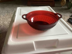 Ruby Red Ribbed Glass Bowl with Handles