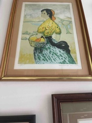 Framed Color Lithograph 'Young Woman with Basket'