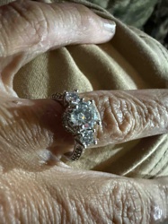 Three-Stone Diamond/Simulant Ring with Halo Setting