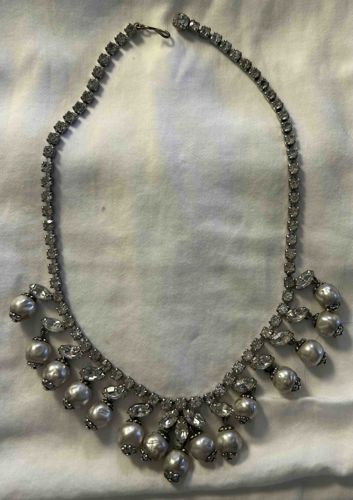 Vintage Crystal Rhinestone Festoon Necklace with Faux Pearls