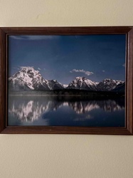Framed Scenic Mountain and Lake Landscape Photograph