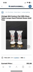 Vintage Mid Century Pair Milk Glass Table Lamps Hand Painted Roses Gold Trim