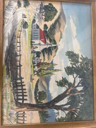 Rural Landscape with Church Watercolor Painting