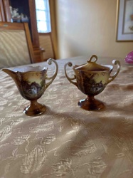 Miniature Scenic Porcelain Creamer and Lidded Sugar Bowl Set